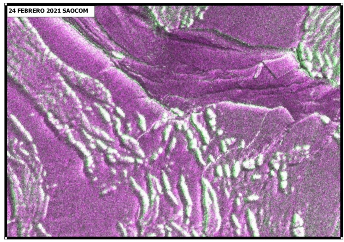Figura 2: imagen SAOCOM 1A provista por la CONAE utilizada por los analistas de hielo del SHN en el estudio de las grietas en la barrera de hielo Brunt