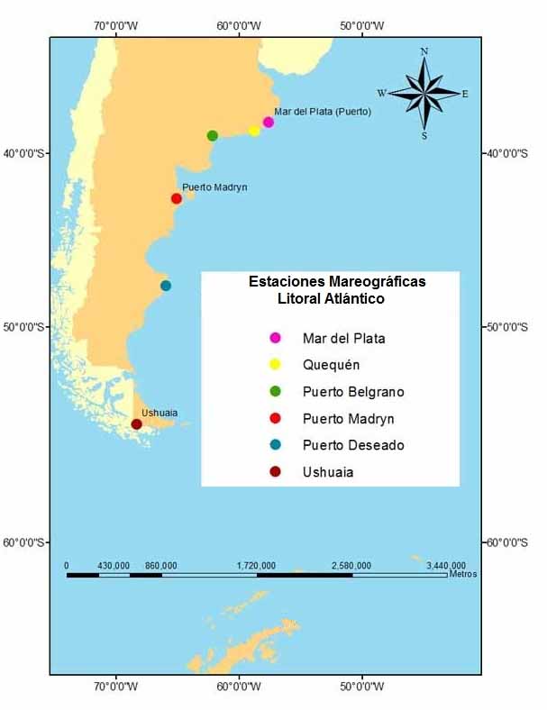 Gráfico con la ubicación de los mareógrafos del Litoral Atlántico y Antártida